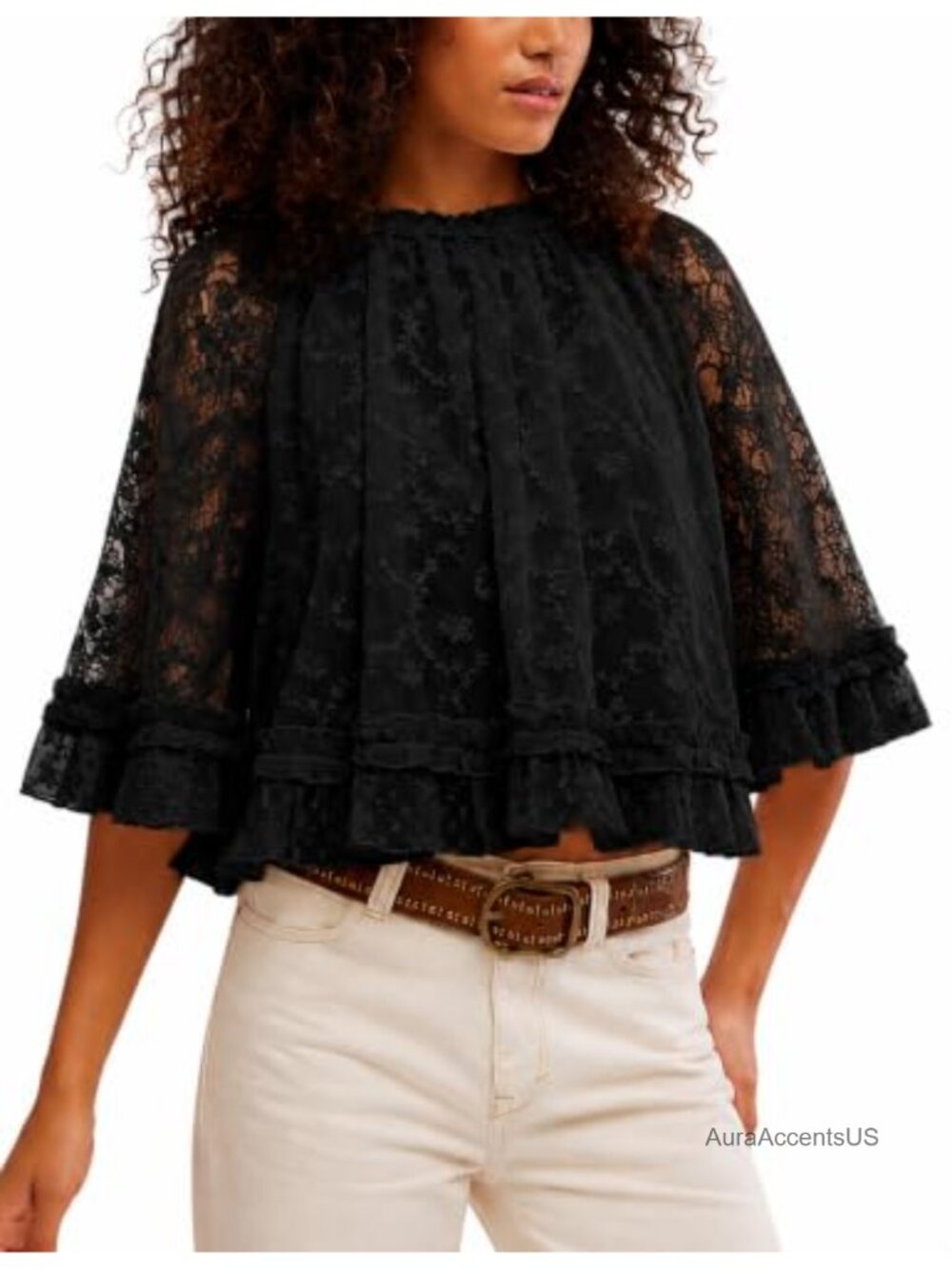 Sheer Lace Boho Poncho Top Flowy See Through Pullover Blouse